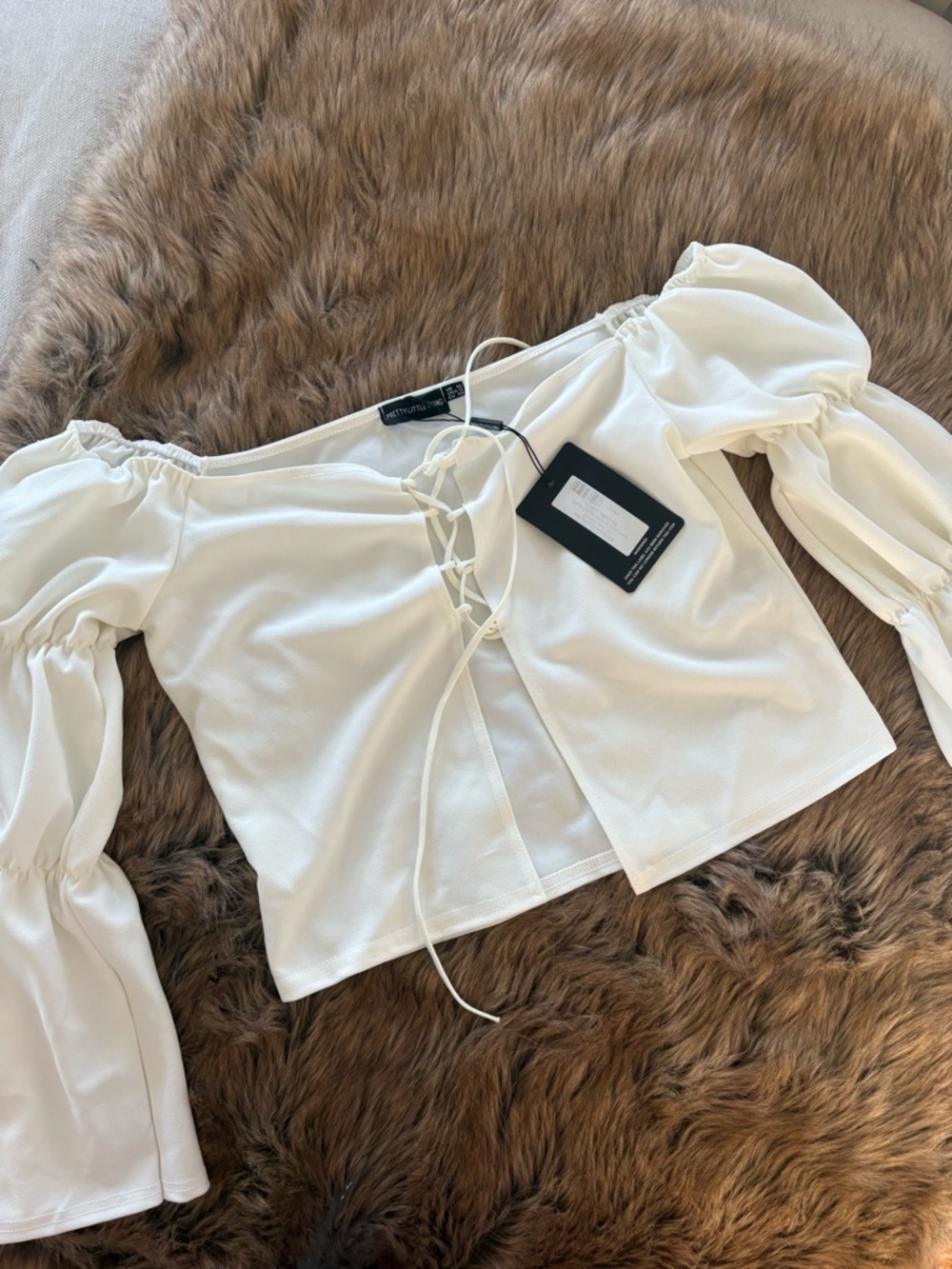 PLT White Off-Shoulder Lace-Up Blouse